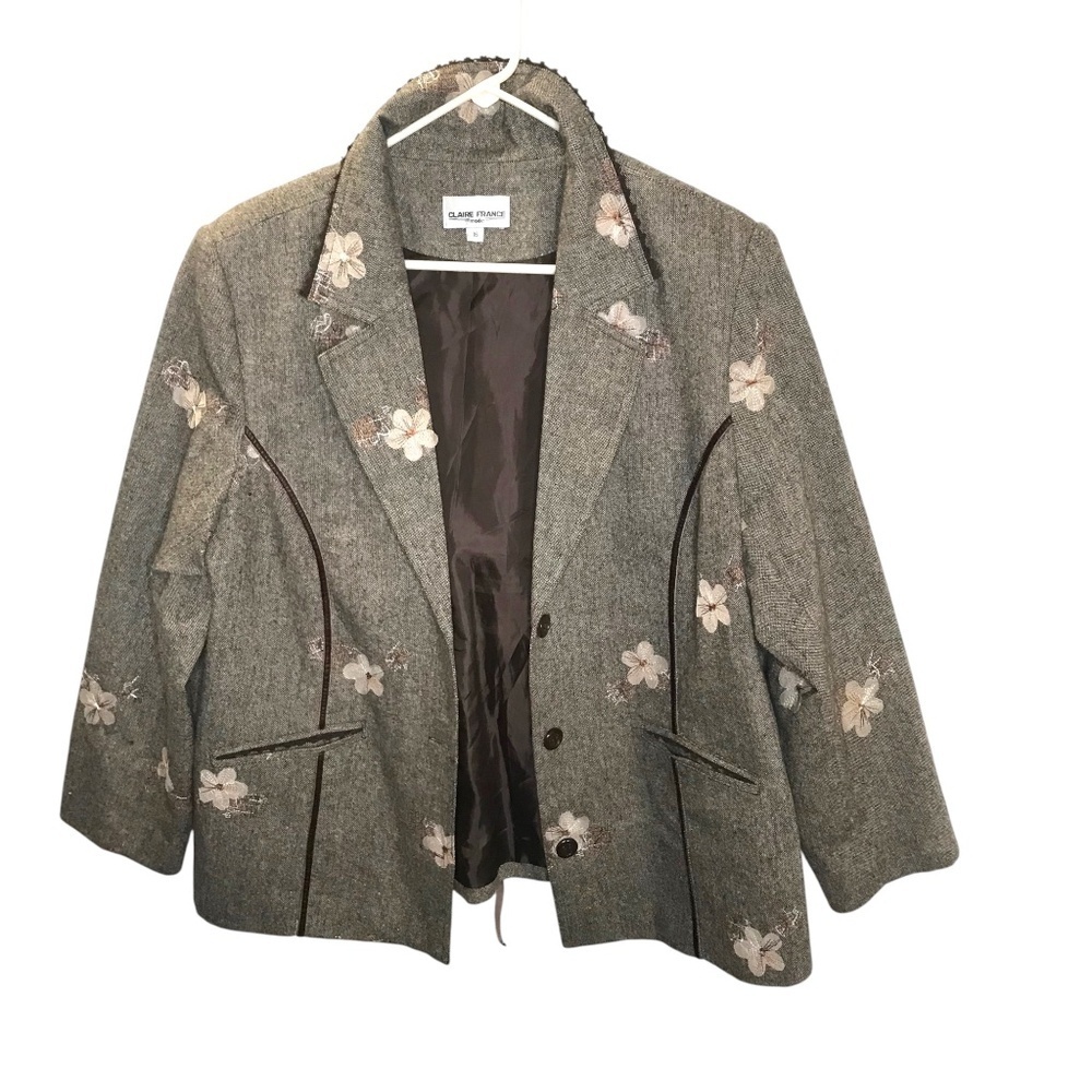 Claire France Gray Floral Blazer Jacket Corset Lace Back Detail Size 16